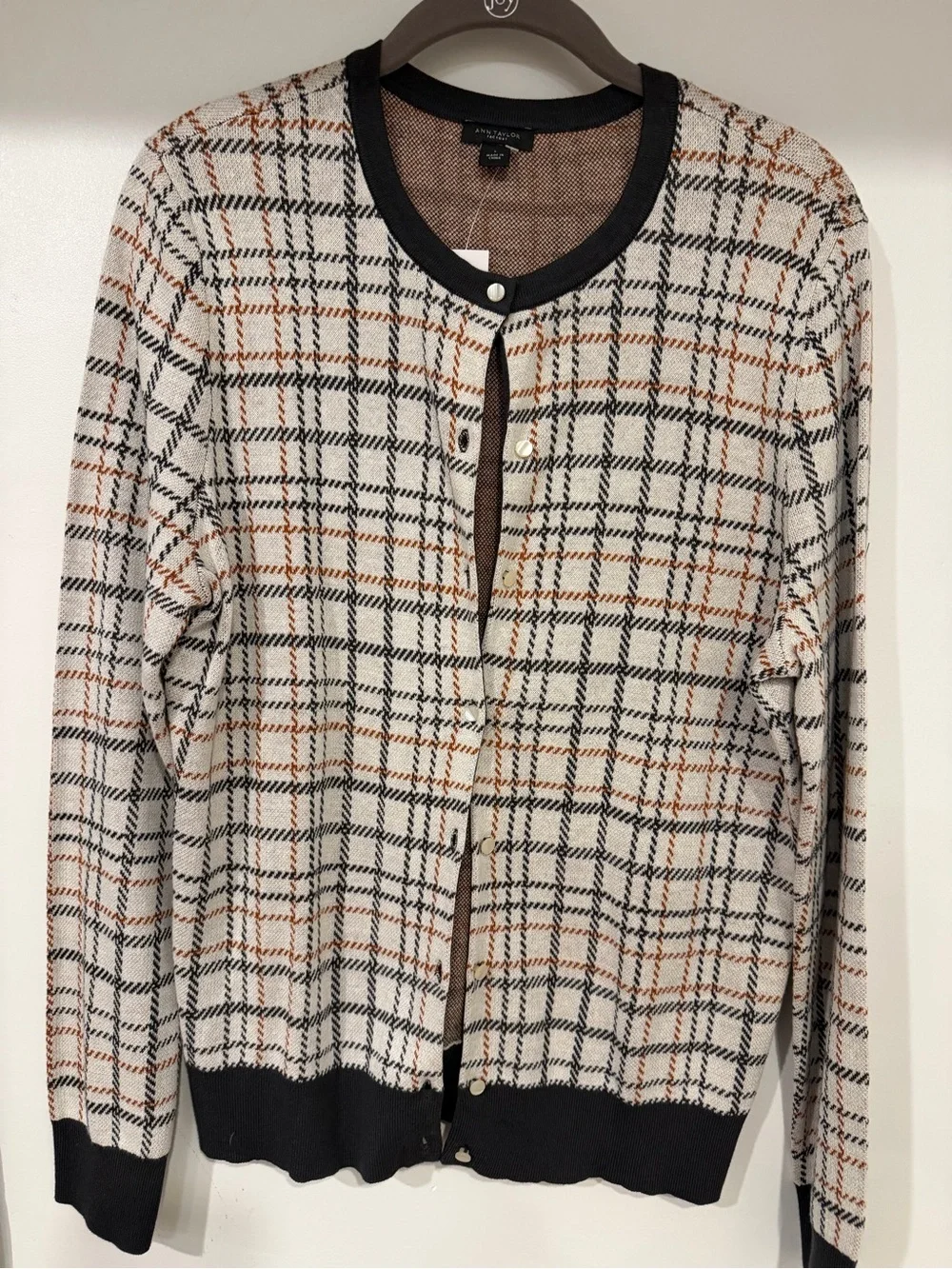 Ann Taylor Factory Black, Cream & Brown Plaid Button-Front Cardigan